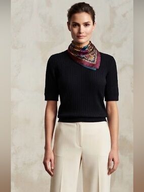 Cashmere and Silk Cable Knit Sweater Black Short-Sleeve Womens Plus Size 1x